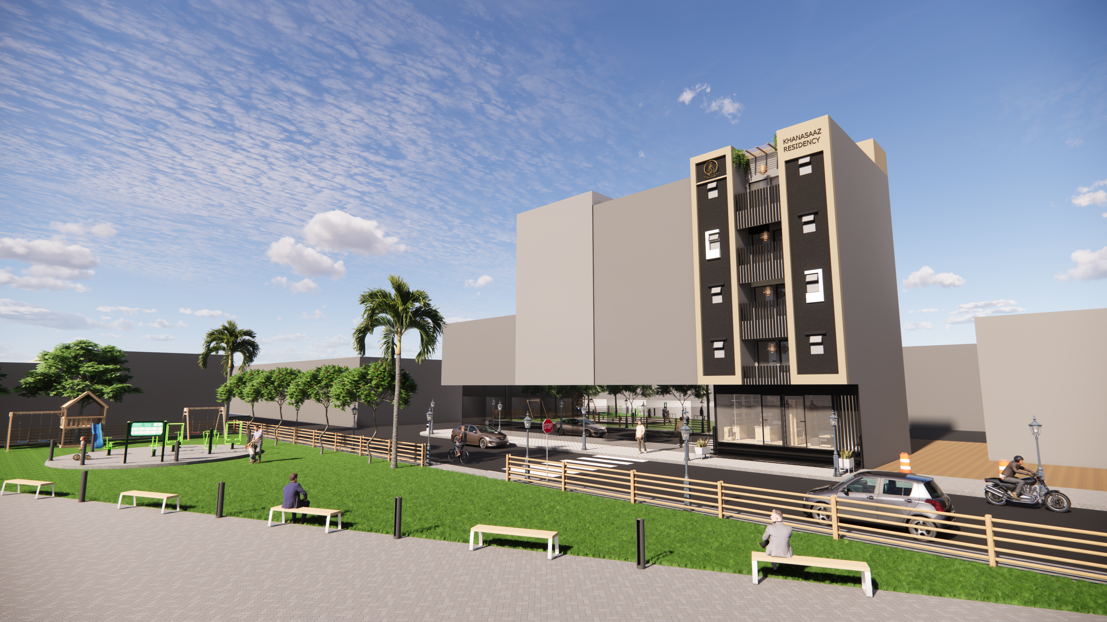 Facade framed by native landscaping