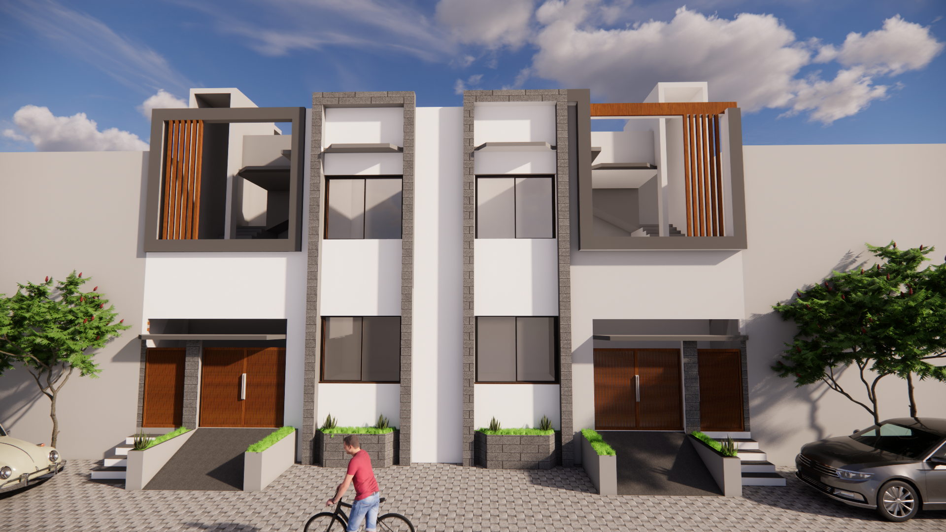 Villas exterior shaded by mature trees